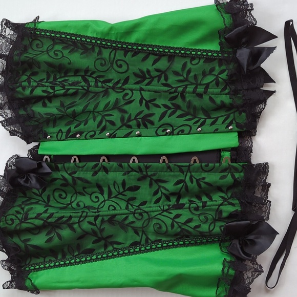Strapless Lace Ruffle Lace Up Corset With Panty Lingerie Plus 4XL Green Black - Picture 14 of 16